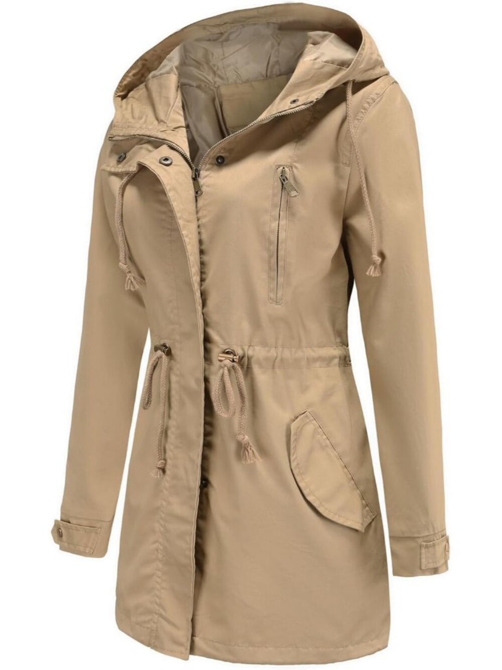 Women's Khaki Lightweight Jackets Anorak Utility Drawstring Waist Hoodie Zip Up - Picture 4 of 6